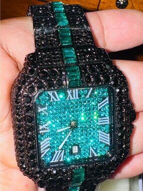 Green Crystal-Embellished Square Watch - Black Band